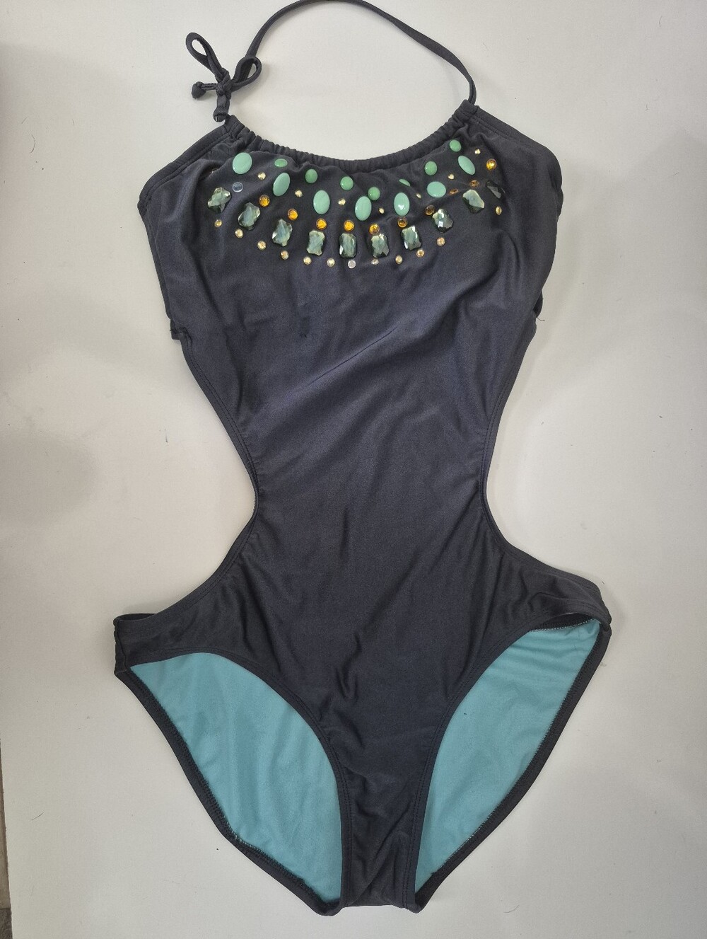 Xhilaration One Piece Halter Swimsuit With Jewel Embellishments Blue Size Large